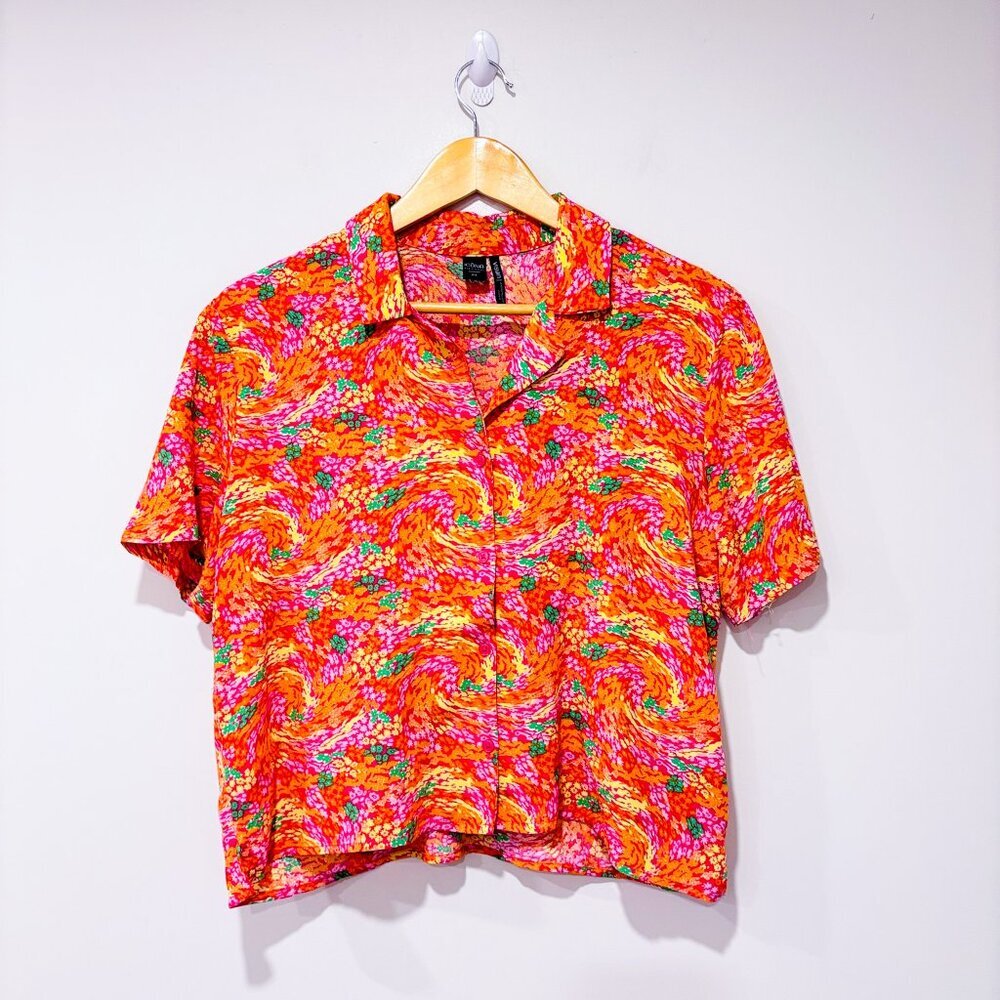 SIMONS Orange and pink cropped floral shirt | Short‎ sleeve viscose | Small *